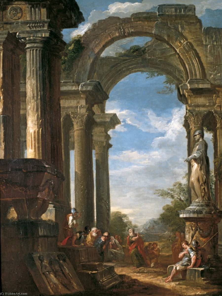 Wikioo.org - The Encyclopedia of Fine Arts - Painting, Artwork by Giovanni Paolo Pannini - Ruins of a Temple with an Apostle Preaching