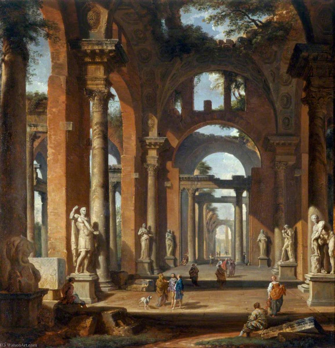 Wikioo.org - The Encyclopedia of Fine Arts - Painting, Artwork by Giovanni Paolo Pannini - Statues in a Ruined Arcade