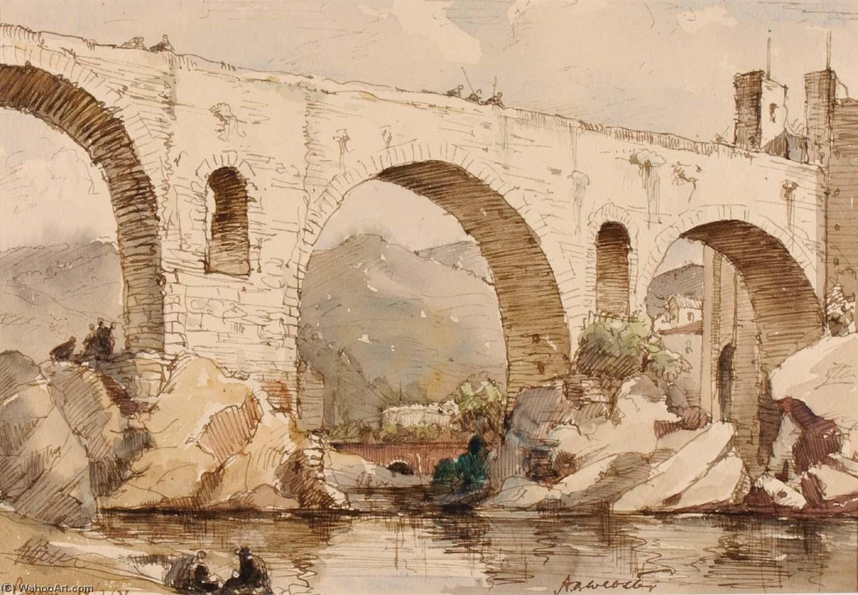 WikiOO.org - Encyclopedia of Fine Arts - Lukisan, Artwork Herman Armour Webster - Besalu Bridge, Spain