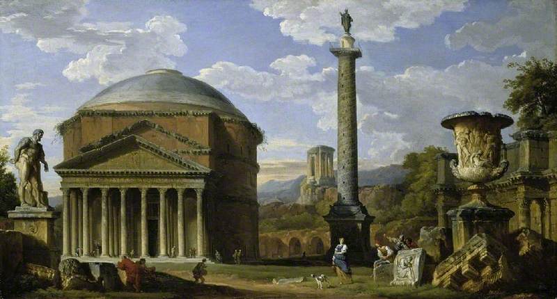 Wikioo.org - The Encyclopedia of Fine Arts - Painting, Artwork by Giovanni Paolo Pannini - Capriccio of Roman Ruins with the Pantheon