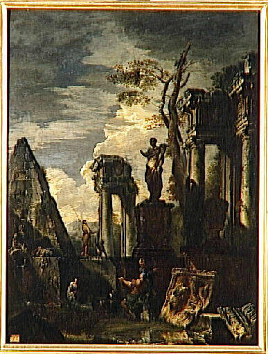 WikiOO.org - Encyclopedia of Fine Arts - Maleri, Artwork Giovanni Paolo Pannini - Ruines d'architecture avec la pyramide de Cestius et la statue de Flore