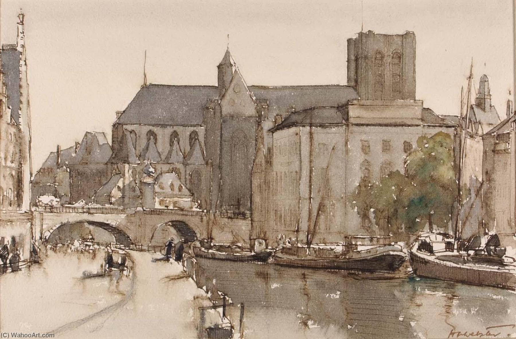 WikiOO.org - Encyclopedia of Fine Arts - Lukisan, Artwork Herman Armour Webster - Ghent, Saint Michel, Evening