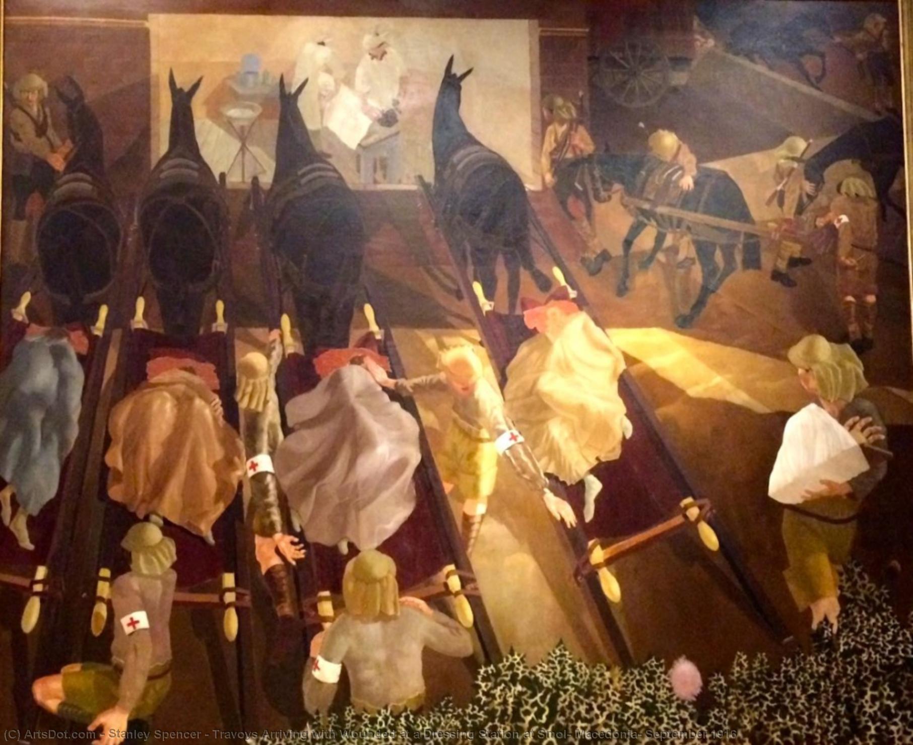 Wikioo.org - The Encyclopedia of Fine Arts - Painting, Artwork by Stanley Spencer - Travoys Arriving with Wounded at a Dressing Station at Smol, Macedonia, September 1916