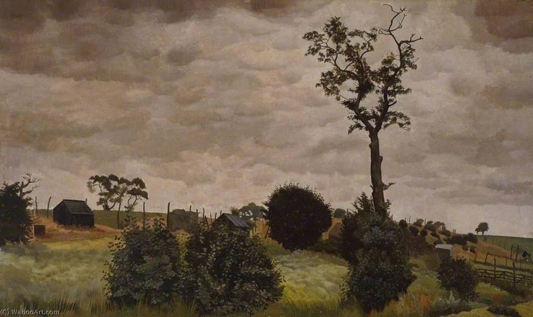 Wikioo.org – La Enciclopedia de las Bellas Artes - Pintura, Obras de arte de Stanley Spencer - árbol y gallineros , Wangford