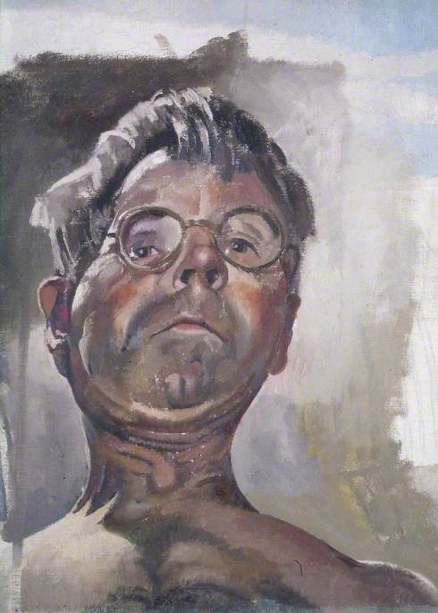 WikiOO.org - Encyclopedia of Fine Arts - Maľba, Artwork Stanley Spencer - Self Portrait by Gaslight Looking Downwards