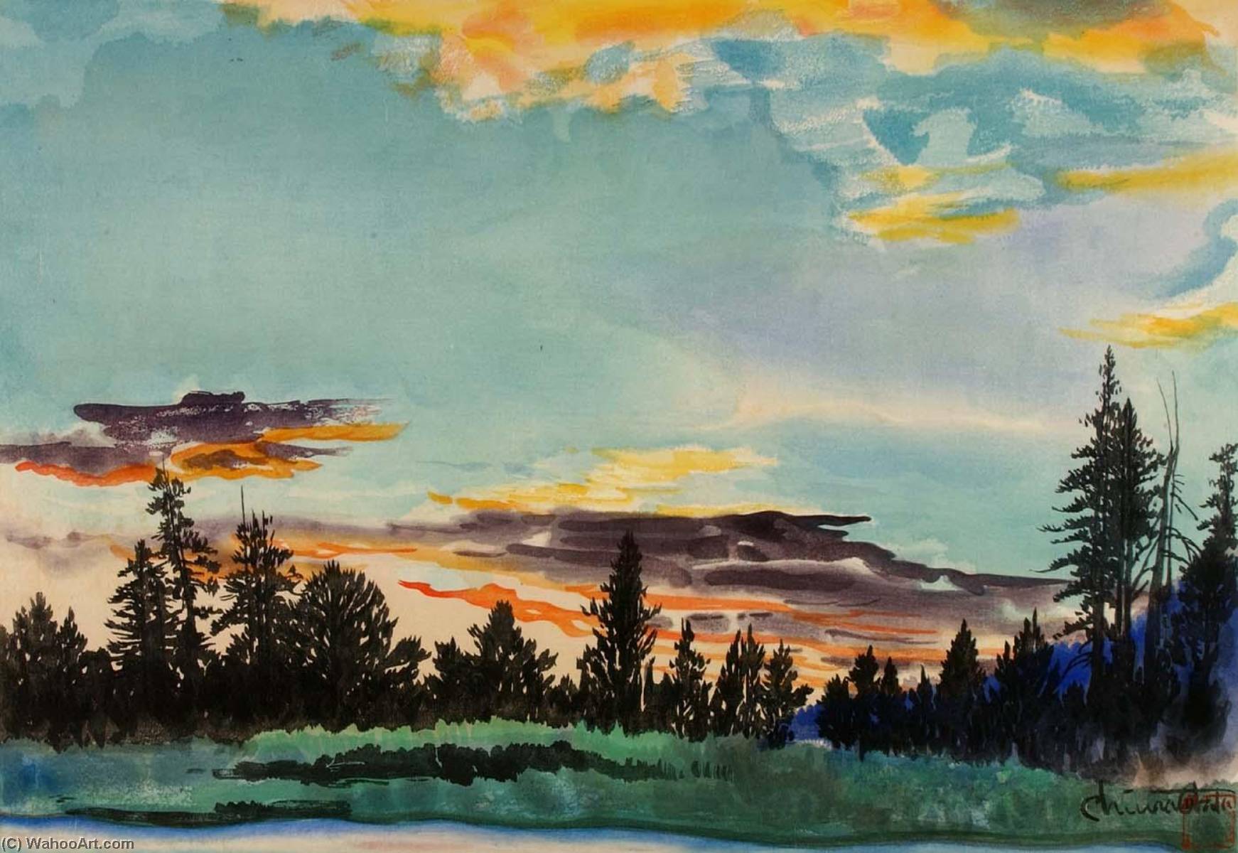Wikioo.org - The Encyclopedia of Fine Arts - Painting, Artwork by Chiura Obata - Evening Glow at Lyell Fork, Tuolumne Meadows