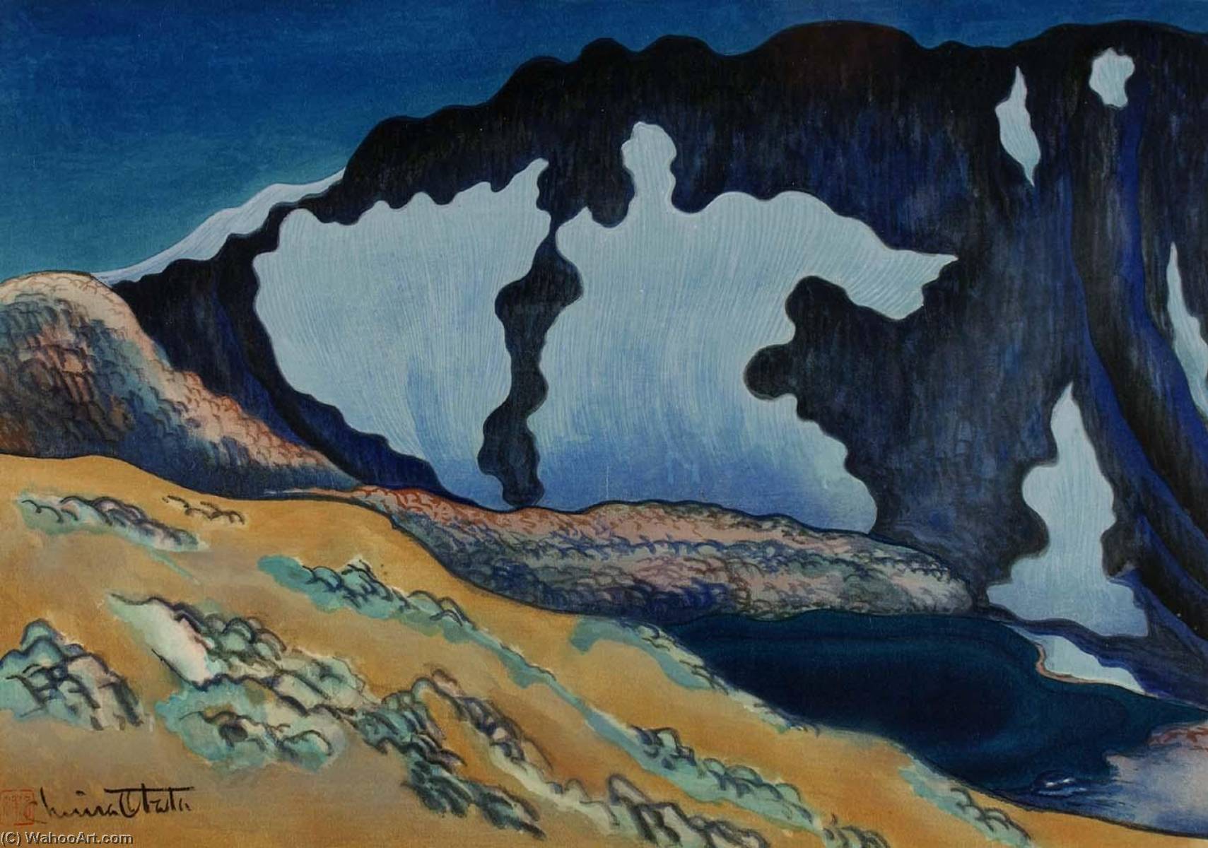 WikiOO.org - Encyclopedia of Fine Arts - Lukisan, Artwork Chiura Obata - Silence, Last Twilight on an Unknown Lake, Johnson Peak