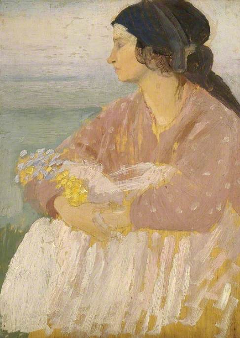 WikiOO.org - Encyclopedia of Fine Arts - Maľba, Artwork Augustus Edwin John - Dorelia Seated and Holding Flowers