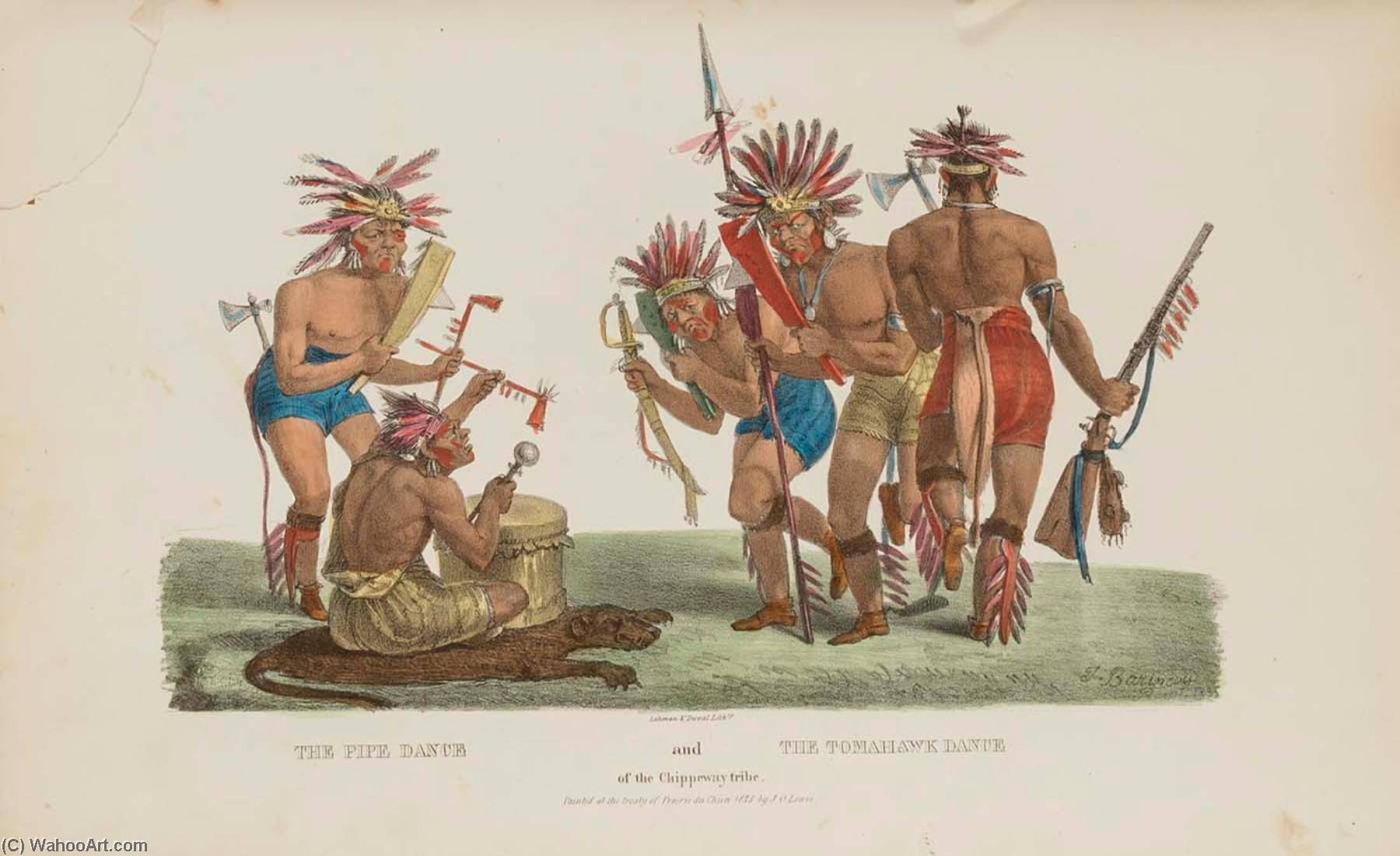 Wikioo.org - The Encyclopedia of Fine Arts - Painting, Artwork by James Otto Lewis - The Pipe Dance and the Tomahawk Dance of the Chippeway Tribe, from The Aboriginal Portfolio