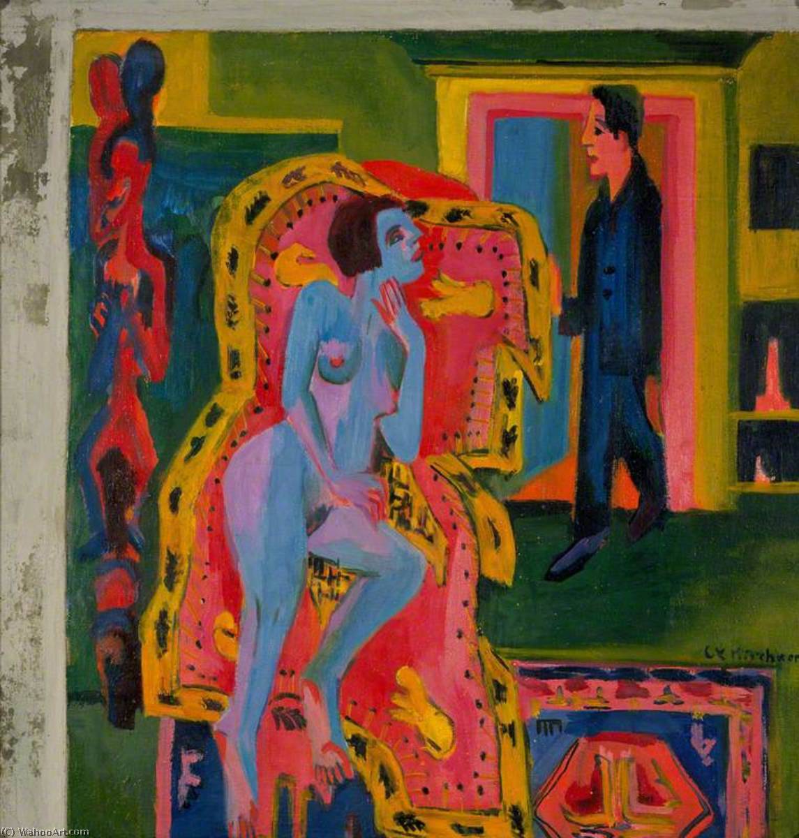 Wikioo.org - The Encyclopedia of Fine Arts - Painting, Artwork by Ernst Ludwig Kirchner - Interieur mit nackter Liegender und Mann (Interior with Nude Woman and Man)