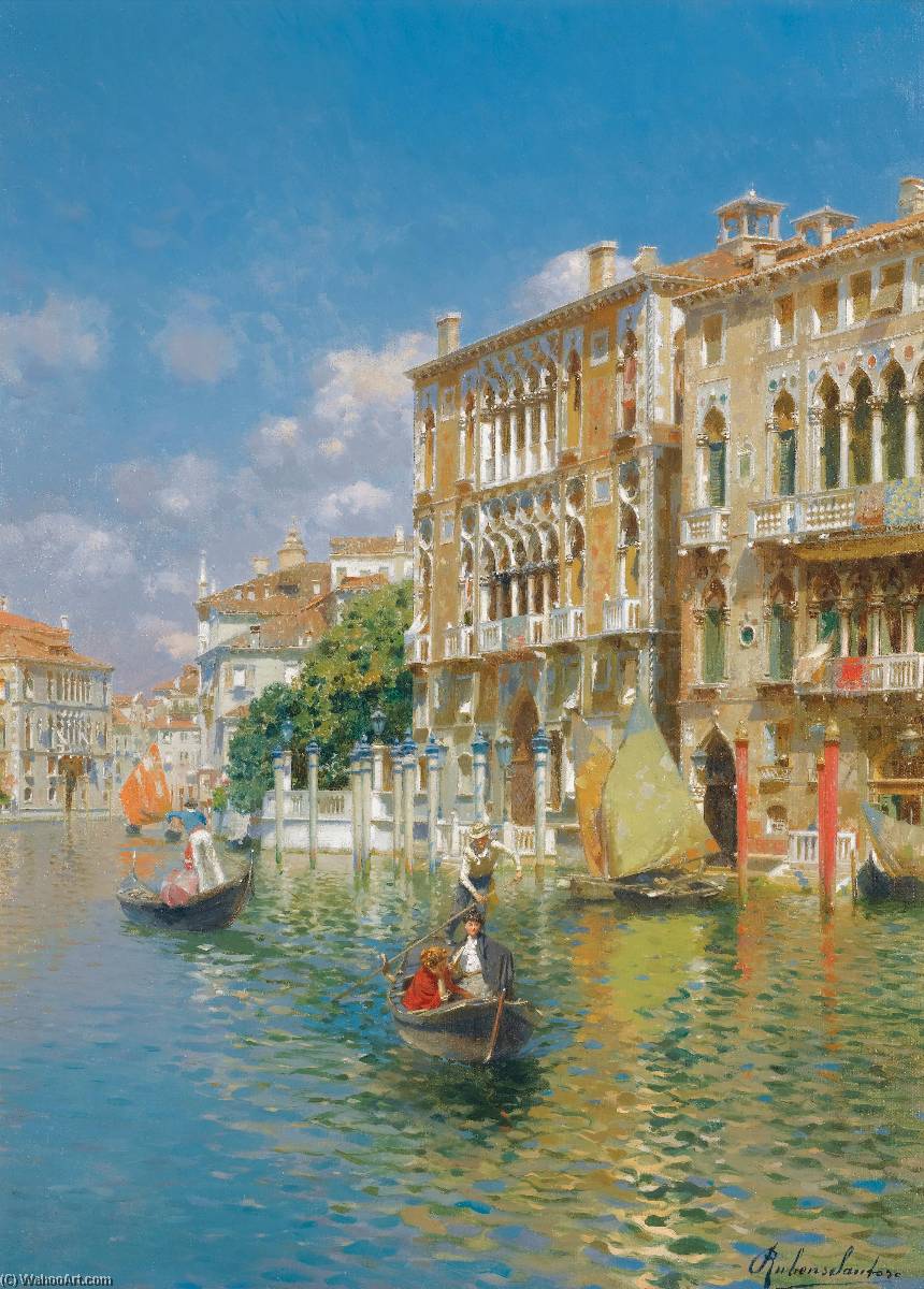 Wikioo.org - The Encyclopedia of Fine Arts - Painting, Artwork by Rubens Santoro - Gondoliers in front of the Palazzo Cavalli Franchetti, Venice