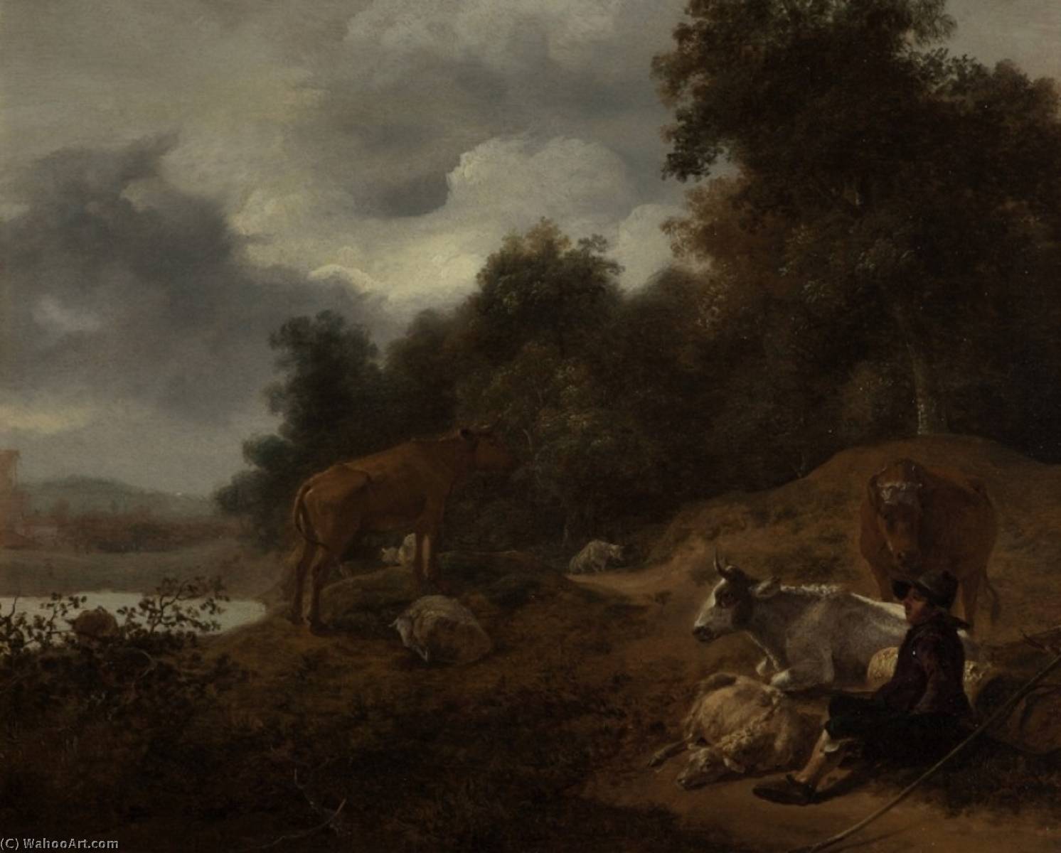 WikiOO.org - Enciclopédia das Belas Artes - Pintura, Arte por Nicolaes Berchem - Landscape with Herdsman and Cattle