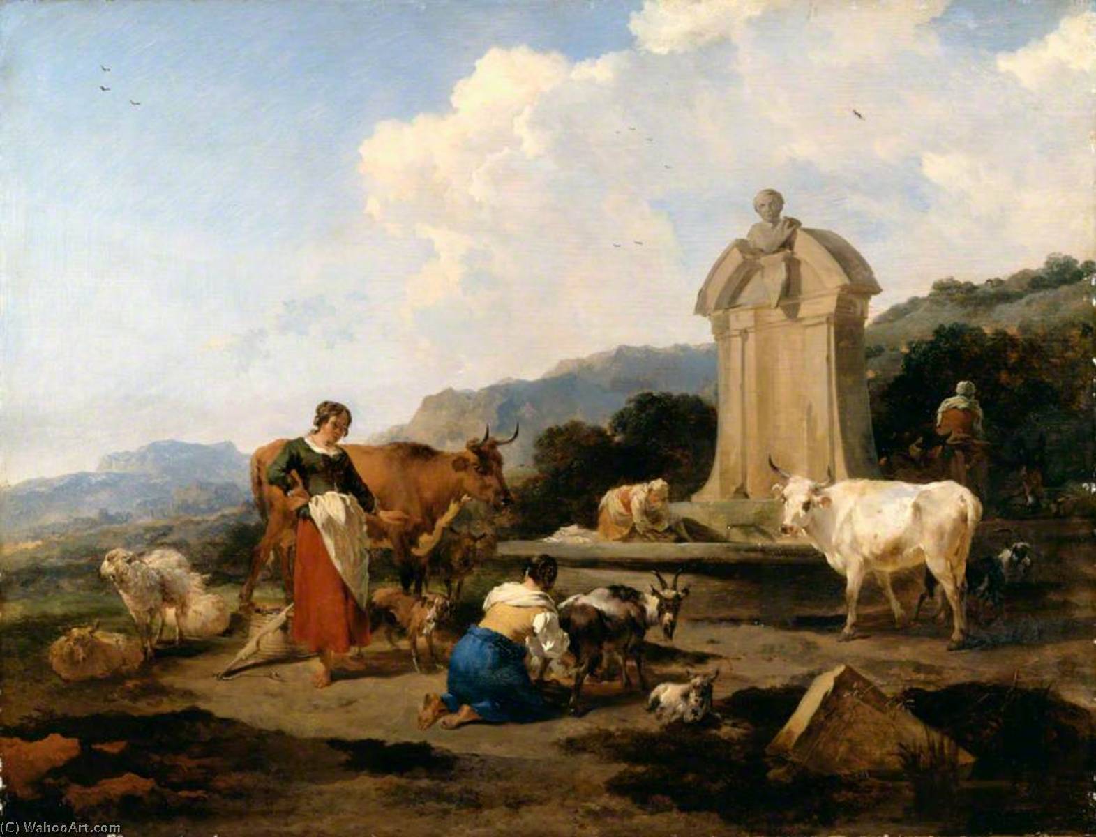 Wikioo.org - The Encyclopedia of Fine Arts - Painting, Artwork by Nicolaes Berchem - Roman Fountain with Cattle and Figures (Le Midi)