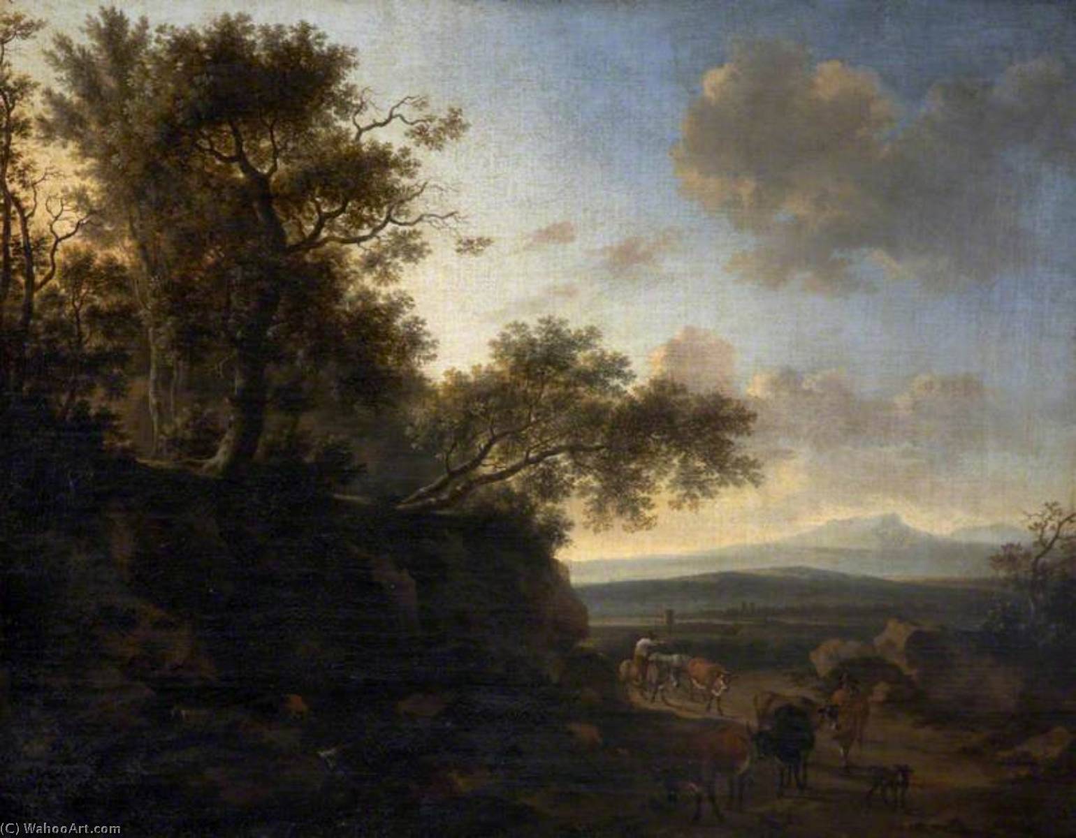 Wikioo.org - The Encyclopedia of Fine Arts - Painting, Artwork by Nicolaes Berchem - Landscape with a Huntsman and Cattle