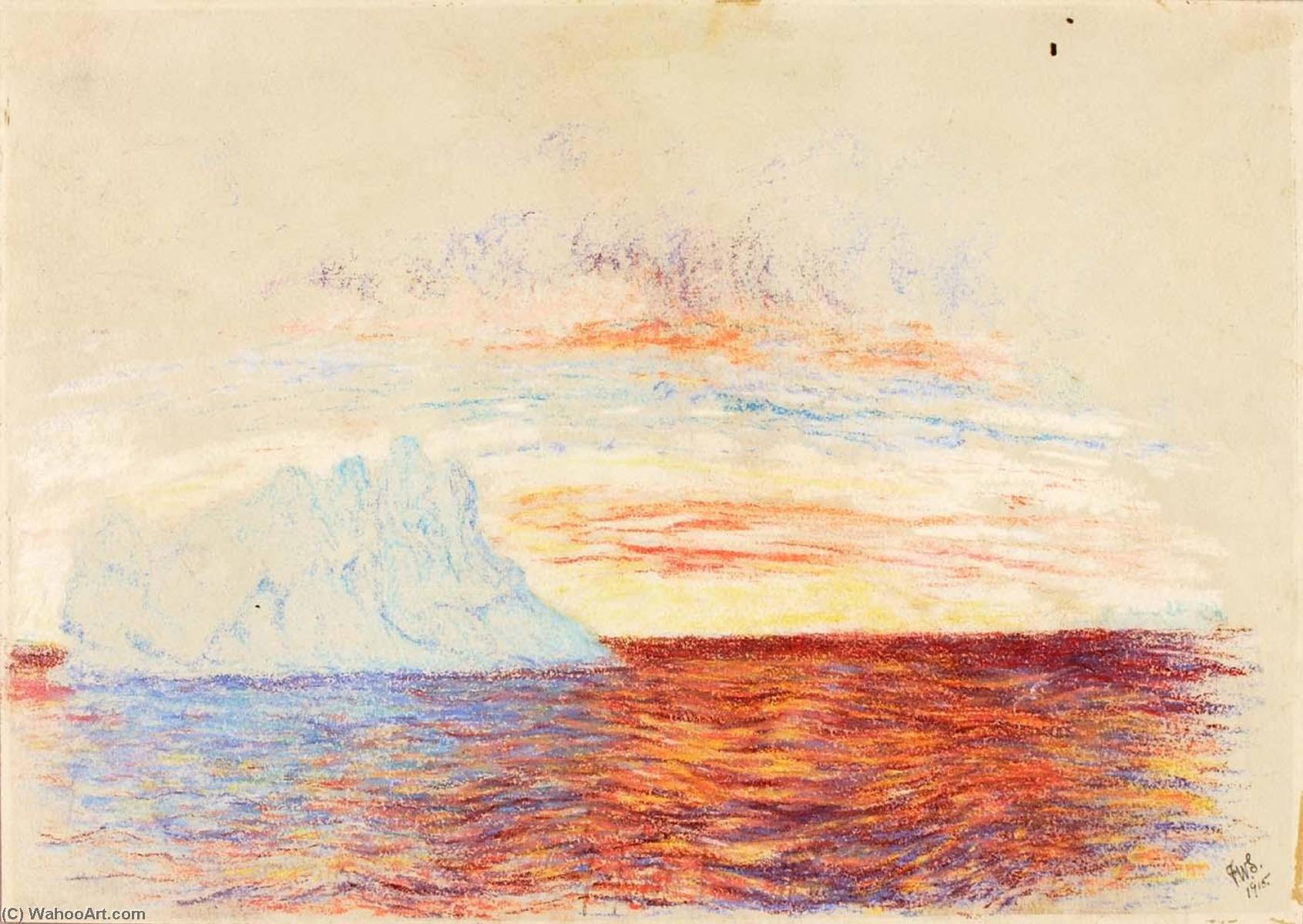 WikiOO.org - Enciklopedija likovnih umjetnosti - Slikarstvo, umjetnička djela Frank Wilbert Stokes - Midnight Sunset Davis Strait, Arctic Circle