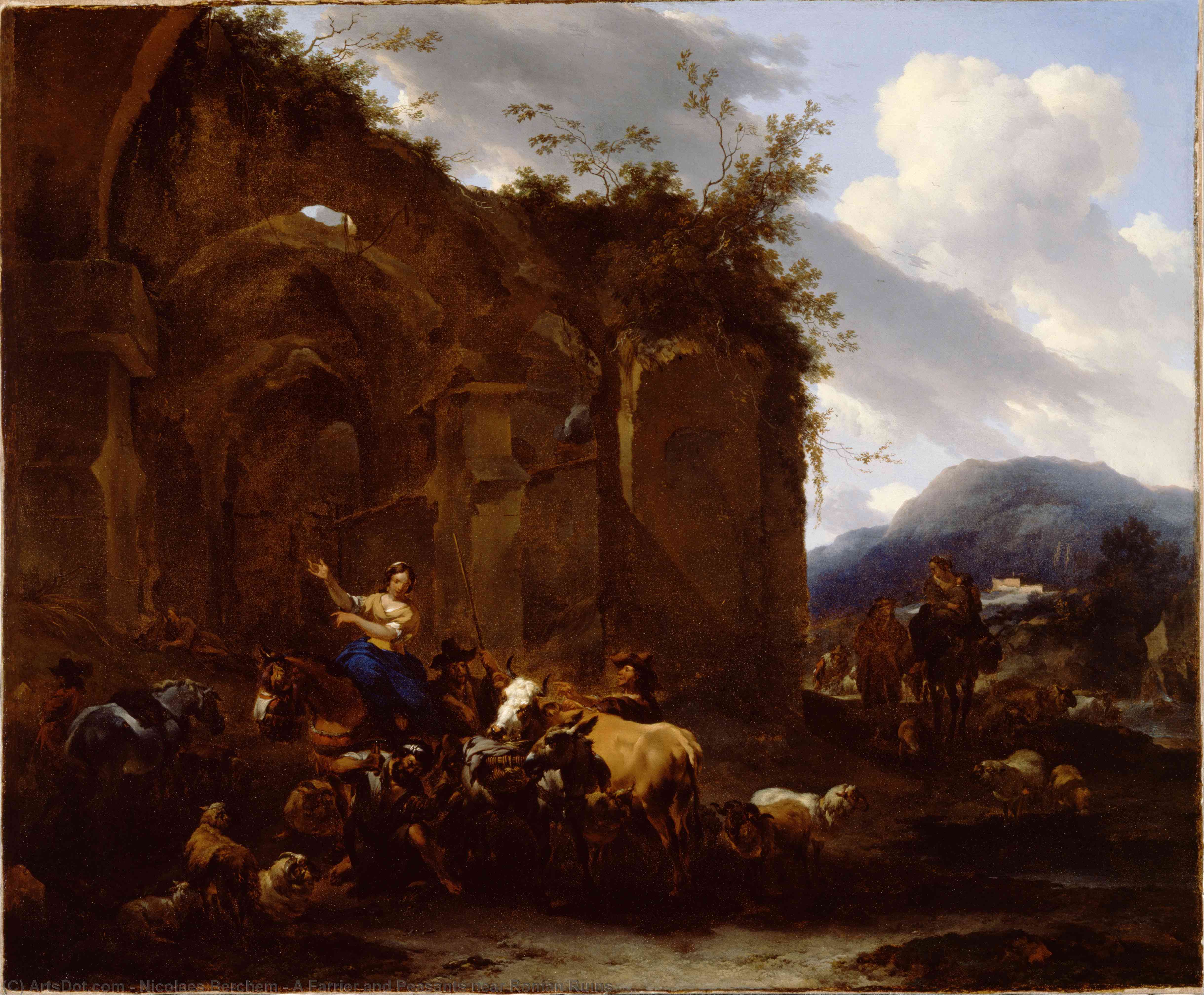 WikiOO.org - Encyclopedia of Fine Arts - Maleri, Artwork Nicolaes Berchem - A Farrier and Peasants near Roman Ruins