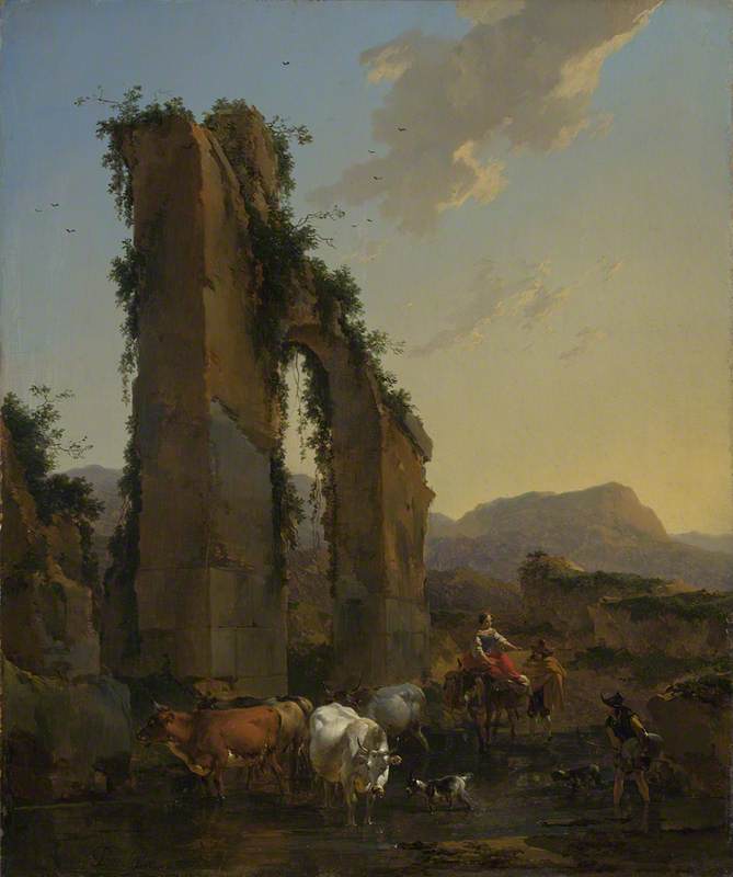 Wikioo.org - The Encyclopedia of Fine Arts - Painting, Artwork by Nicolaes Berchem - Peasants with Four Oxen and a Goat at a Ford by a Ruined Aqueduct