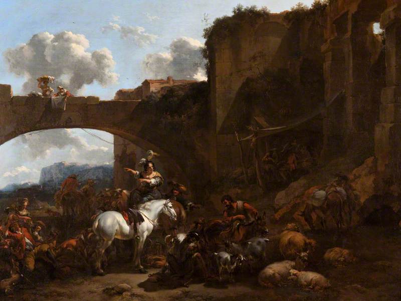 Wikioo.org - The Encyclopedia of Fine Arts - Painting, Artwork by Nicolaes Berchem - A Country Gathering by a Bridge