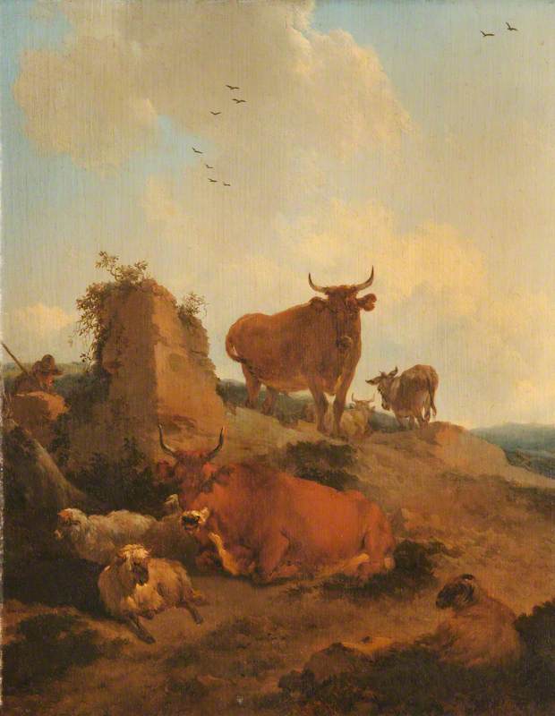 Wikioo.org - The Encyclopedia of Fine Arts - Painting, Artwork by Nicolaes Berchem - Cattle and Sheep in a Landscape