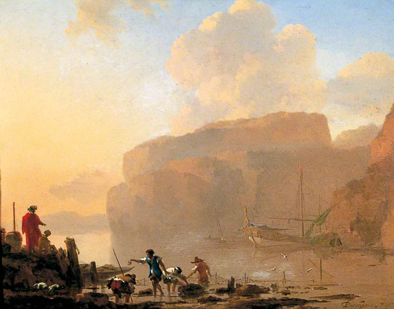 Wikioo.org - The Encyclopedia of Fine Arts - Painting, Artwork by Nicolaes Berchem - Coastal Scene with Crab Catchers