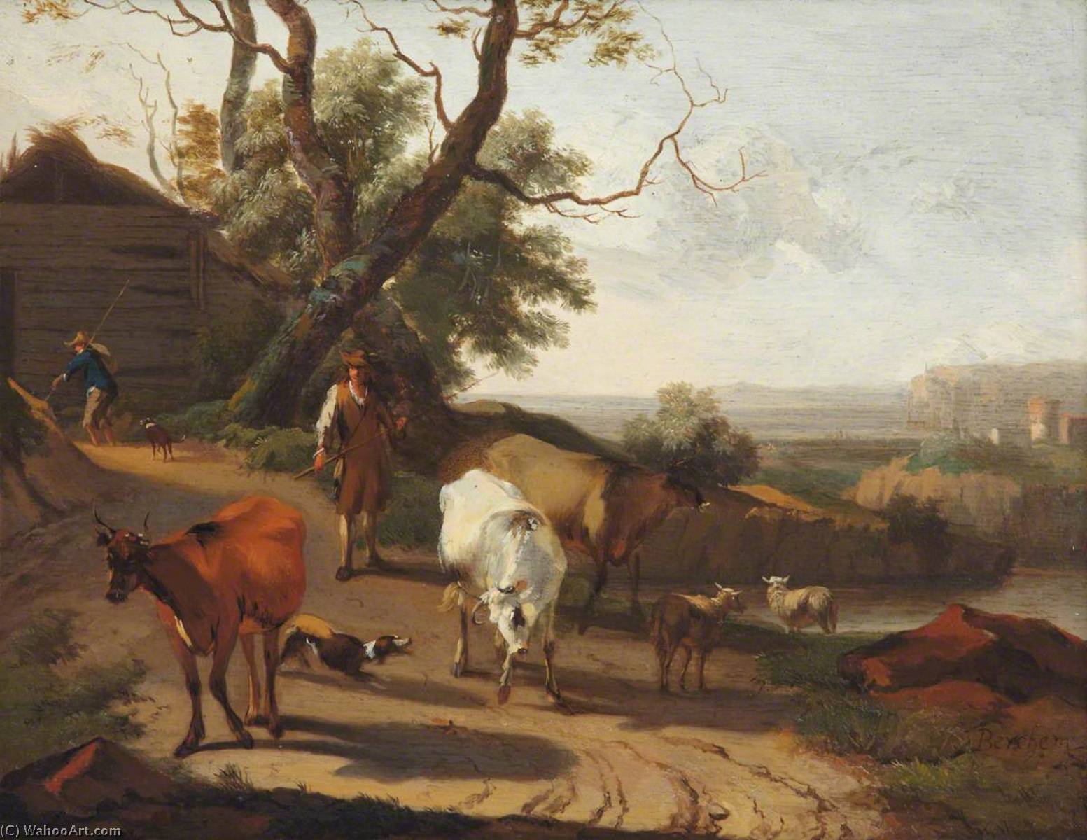 Wikioo.org - The Encyclopedia of Fine Arts - Painting, Artwork by Nicolaes Berchem - A Herdsman Driving Cattle down a Lane