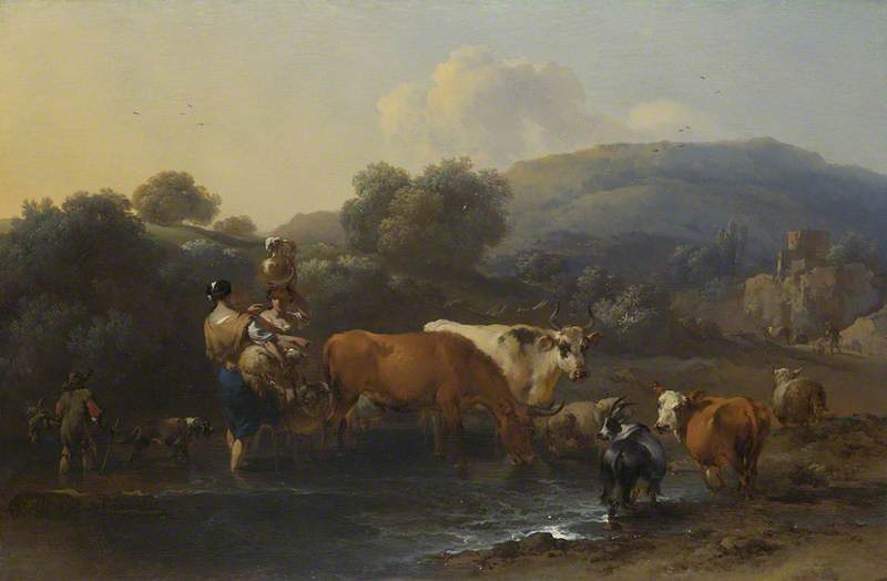 Wikioo.org - The Encyclopedia of Fine Arts - Painting, Artwork by Nicolaes Berchem - Peasants with Cattle fording a Stream