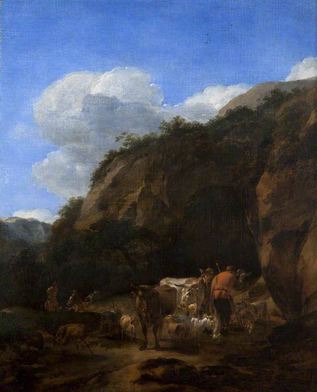 Wikioo.org - The Encyclopedia of Fine Arts - Painting, Artwork by Nicolaes Berchem - A Hilly Landscape with Herdsmen, Cattle and Sheep