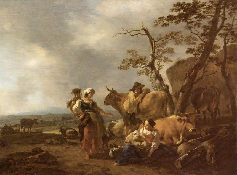 Wikioo.org - The Encyclopedia of Fine Arts - Painting, Artwork by Nicolaes Berchem - Pastoral Scene with Figures and Animals