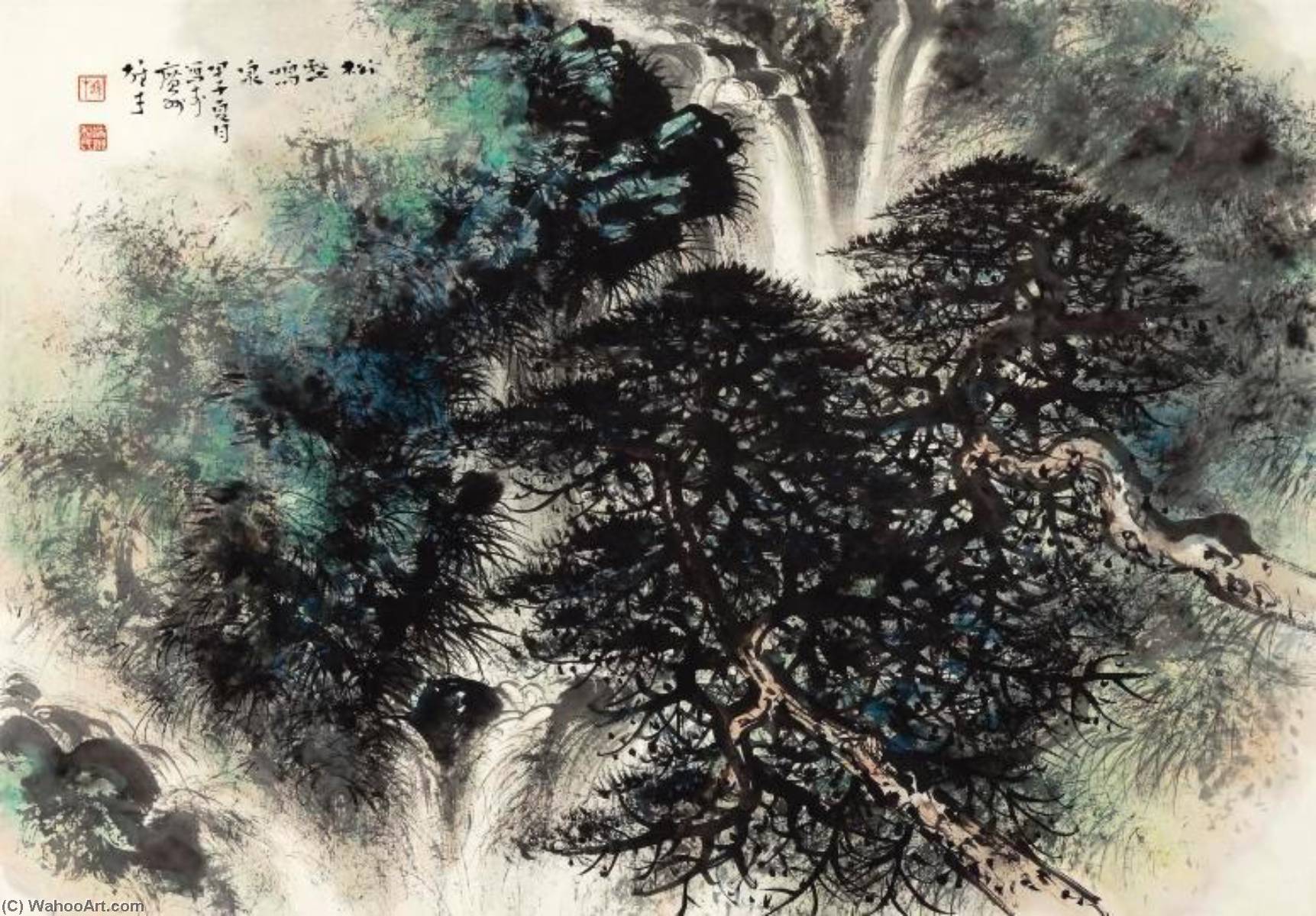 Wikoo.org - موسوعة الفنون الجميلة - اللوحة، العمل الفني Li Xiongcai - PINE TREES BY THE SPRING