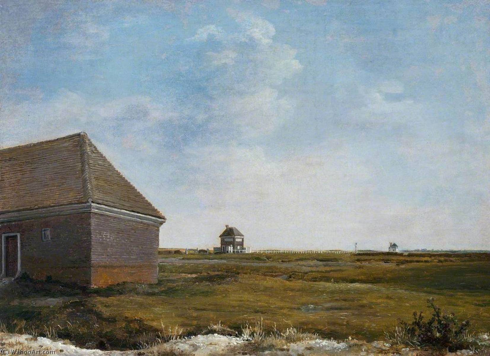 Wikioo.org - The Encyclopedia of Fine Arts - Painting, Artwork by George Stubbs - Newmarket Heath, with a Rubbing Down House