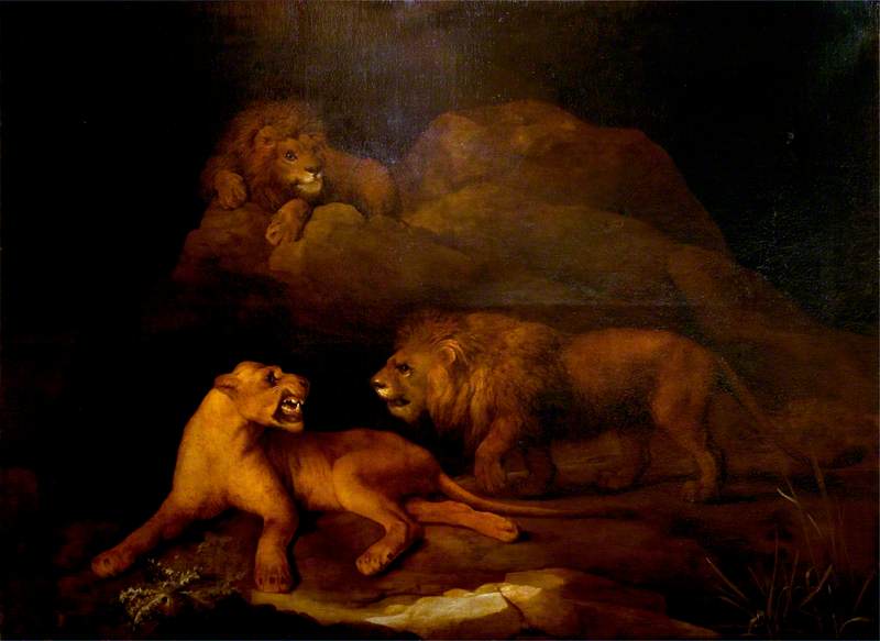 Wikioo.org - The Encyclopedia of Fine Arts - Painting, Artwork by George Stubbs - Lions and a Lioness with a Rocky Background
