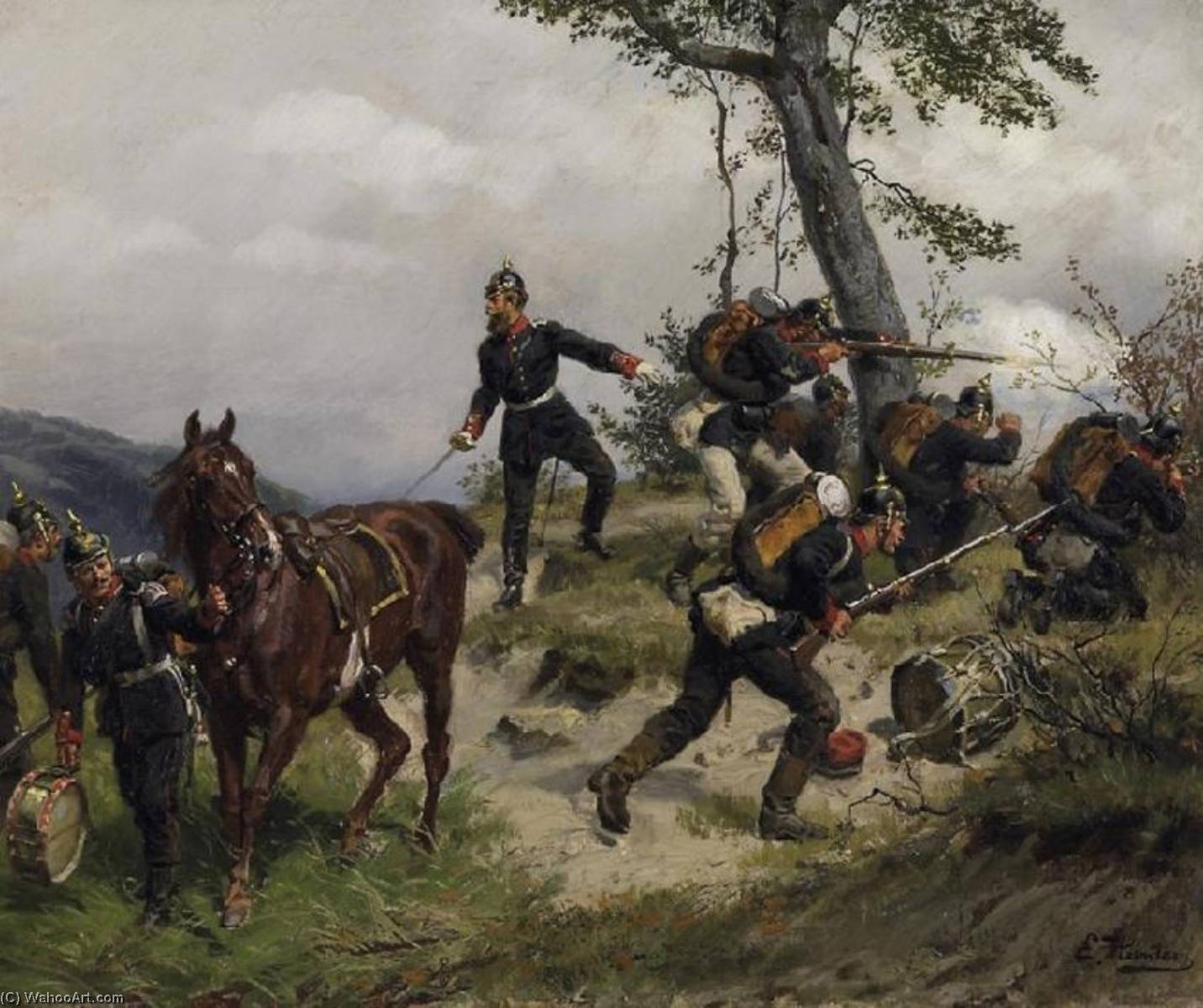 Wikioo.org - The Encyclopedia of Fine Arts - Painting, Artwork by Emil Hünten - Soldaten im Gefecht auf einer Anhöhe