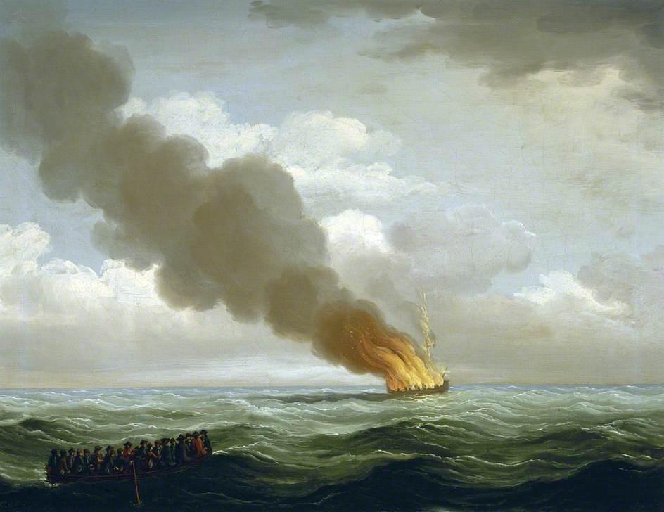 Wikioo.org - The Encyclopedia of Fine Arts - Painting, Artwork by John Cleveley The Elder - The 'Luxborough' Galley Burnt Nearly to the Water 25 June 1727