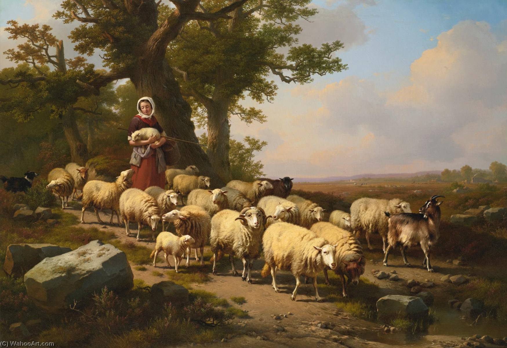 Wikioo.org - The Encyclopedia of Fine Arts - Painting, Artwork by Eugène Joseph Verboeckhoven - A Shepherdess with her Flock