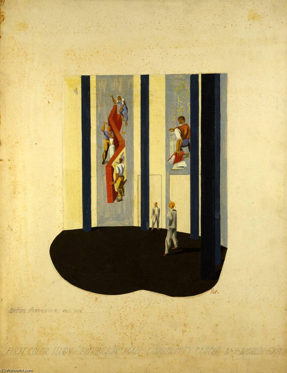 WikiOO.org - Encyclopedia of Fine Arts - Lukisan, Artwork Anton Refregier - First Color Study, Exhibition Hall, Community Center, New York World's Fair (perspective sketch for mural, Cultural Activities in the WPA, WPA Building)