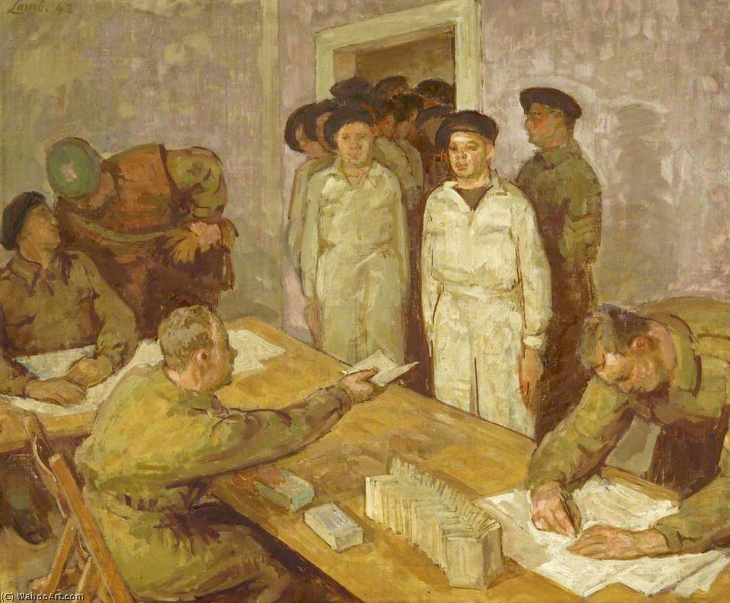 Wikioo.org - The Encyclopedia of Fine Arts - Painting, Artwork by Henry Lamb - Pay at the Canadian Armoured Division