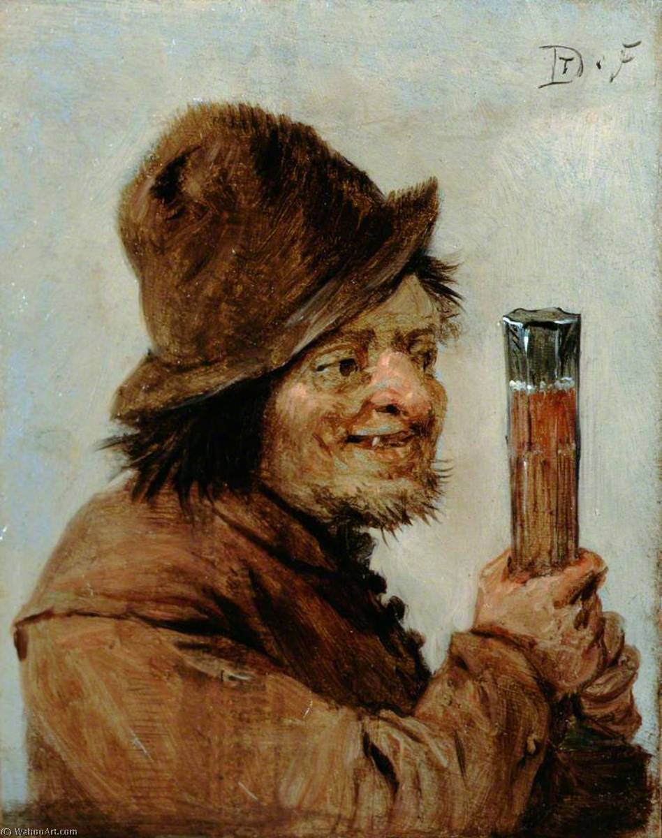 Wikioo.org - The Encyclopedia of Fine Arts - Painting, Artwork by David The Younger Teniers - A Peasant Holding a Glass
