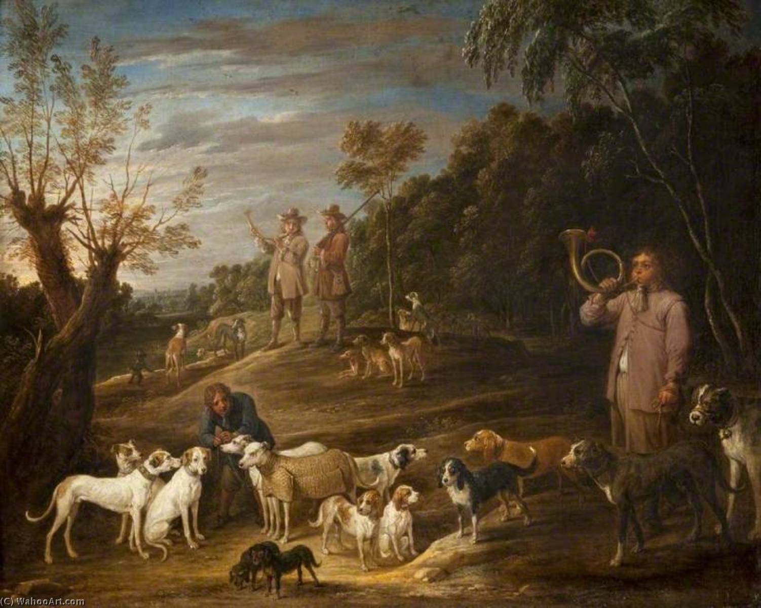 Wikioo.org - สารานุกรมวิจิตรศิลป์ - จิตรกรรม David The Younger Teniers - Landscape with Huntsmen and Dogs