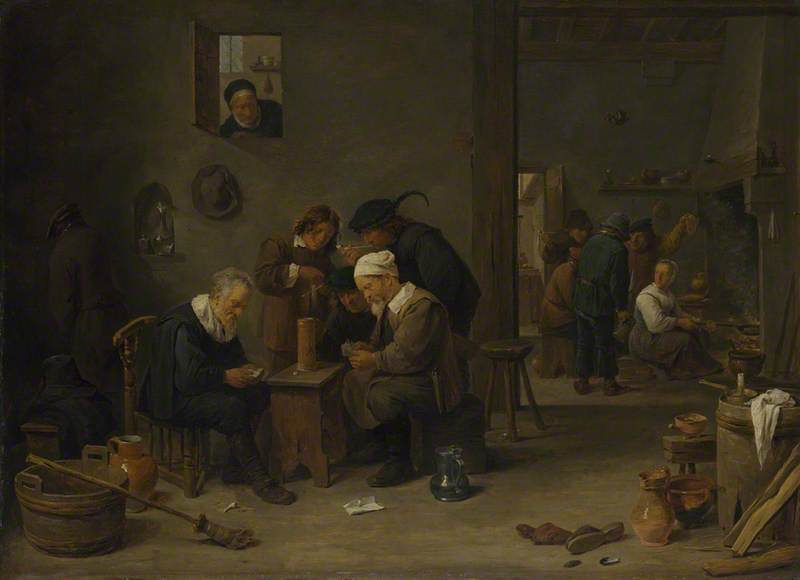 Wikioo.org - The Encyclopedia of Fine Arts - Painting, Artwork by David The Younger Teniers - Two Men playing Cards in the Kitchen of an Inn