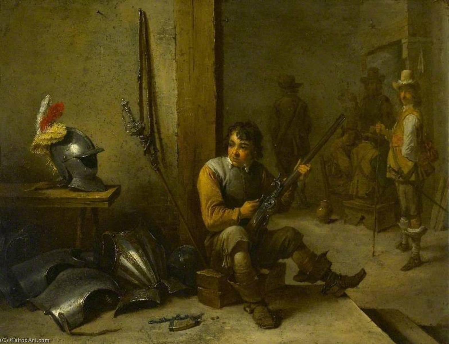 WikiOO.org - Enciclopédia das Belas Artes - Pintura, Arte por David The Younger Teniers - A Soldier Cleaning a Flintlock in a Guardroom, Armour beside him and Soldiers beyond