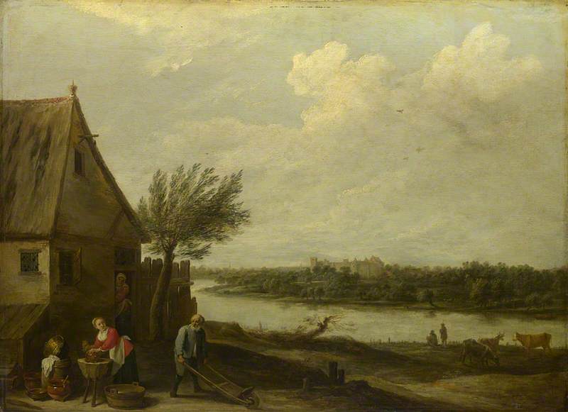 Wikioo.org - The Encyclopedia of Fine Arts - Painting, Artwork by David The Younger Teniers - A Cottage by a River with a Distant View of a Castle