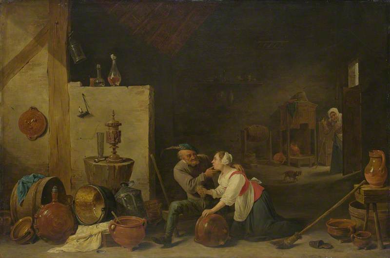 Wikioo.org - The Encyclopedia of Fine Arts - Painting, Artwork by David Teniers Ii Le Jeune - An Old Peasant caresses a Kitchen Maid in a Stable