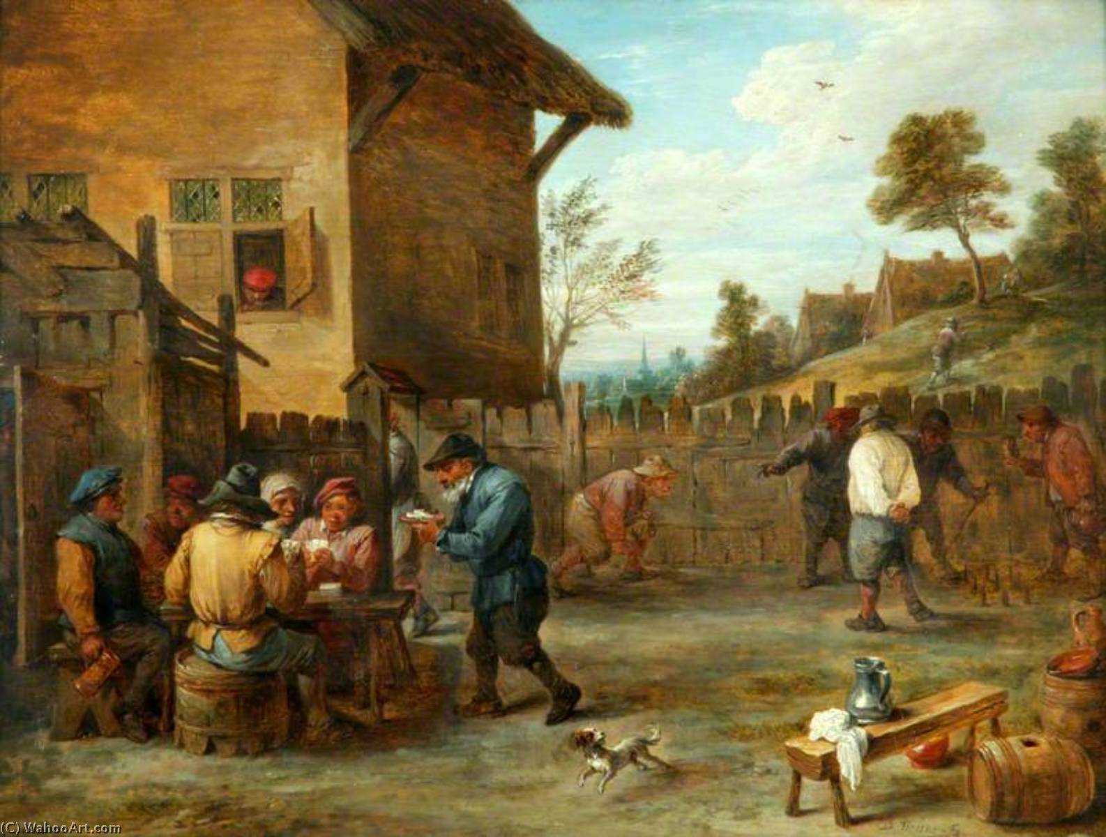 Wikioo.org - The Encyclopedia of Fine Arts - Painting, Artwork by David The Younger Teniers - Peasants Playing Cards and Skittles in a Yard