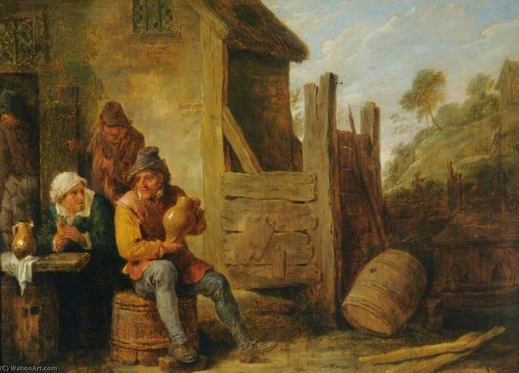 WikiOO.org - Enciklopedija dailės - Tapyba, meno kuriniai David The Younger Teniers - Exterior of an Inn Peasants Drinking
