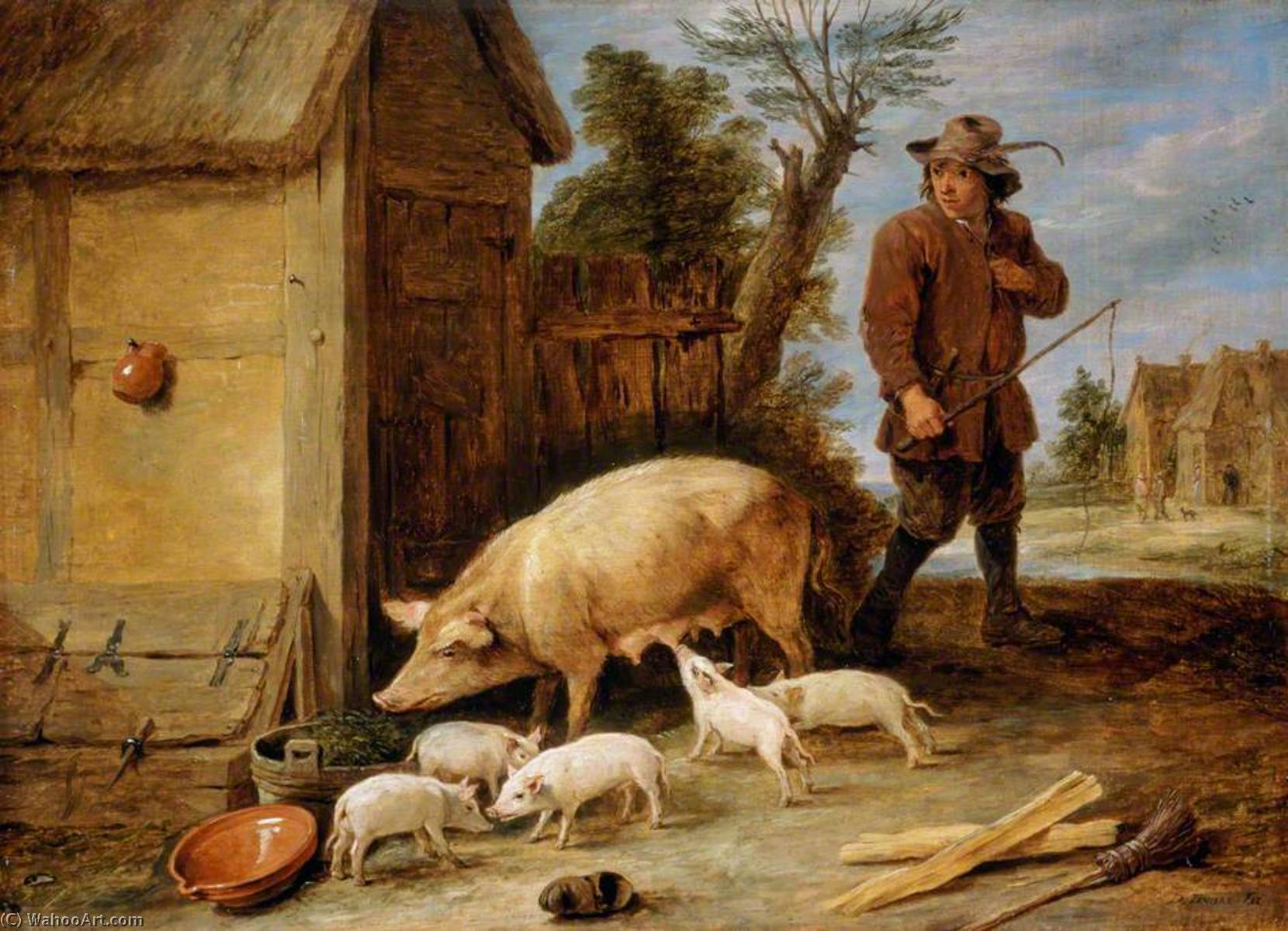 Wikioo.org - The Encyclopedia of Fine Arts - Painting, Artwork by David Teniers Ii Le Jeune - A Sow and Her Litter