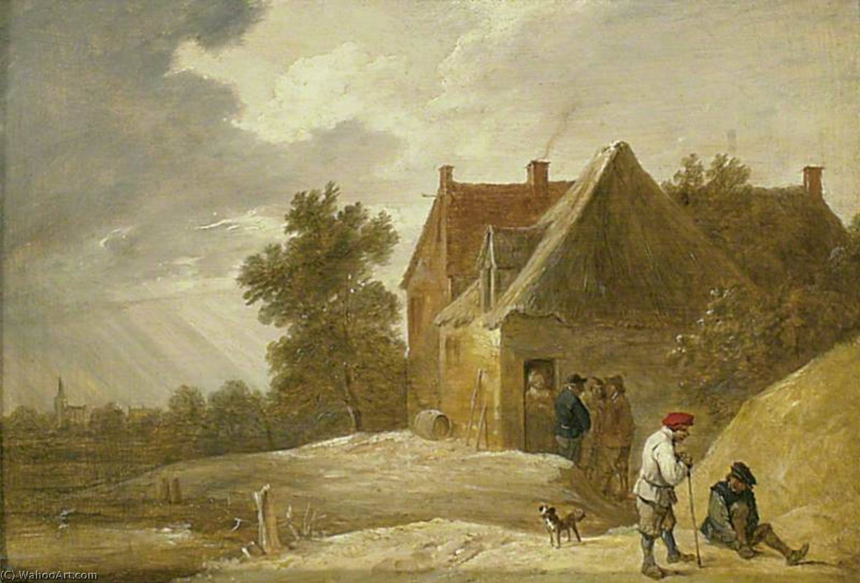 Wikioo.org - The Encyclopedia of Fine Arts - Painting, Artwork by David The Younger Teniers - Landscape with a Farmhouse and Figures on the Bank of a River