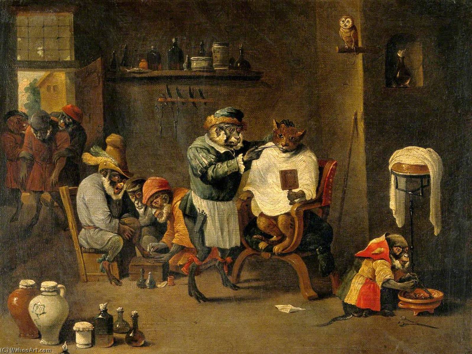 Wikioo.org - The Encyclopedia of Fine Arts - Painting, Artwork by David Teniers Ii Le Jeune - A Monkey Barber Surgeon's Establishment