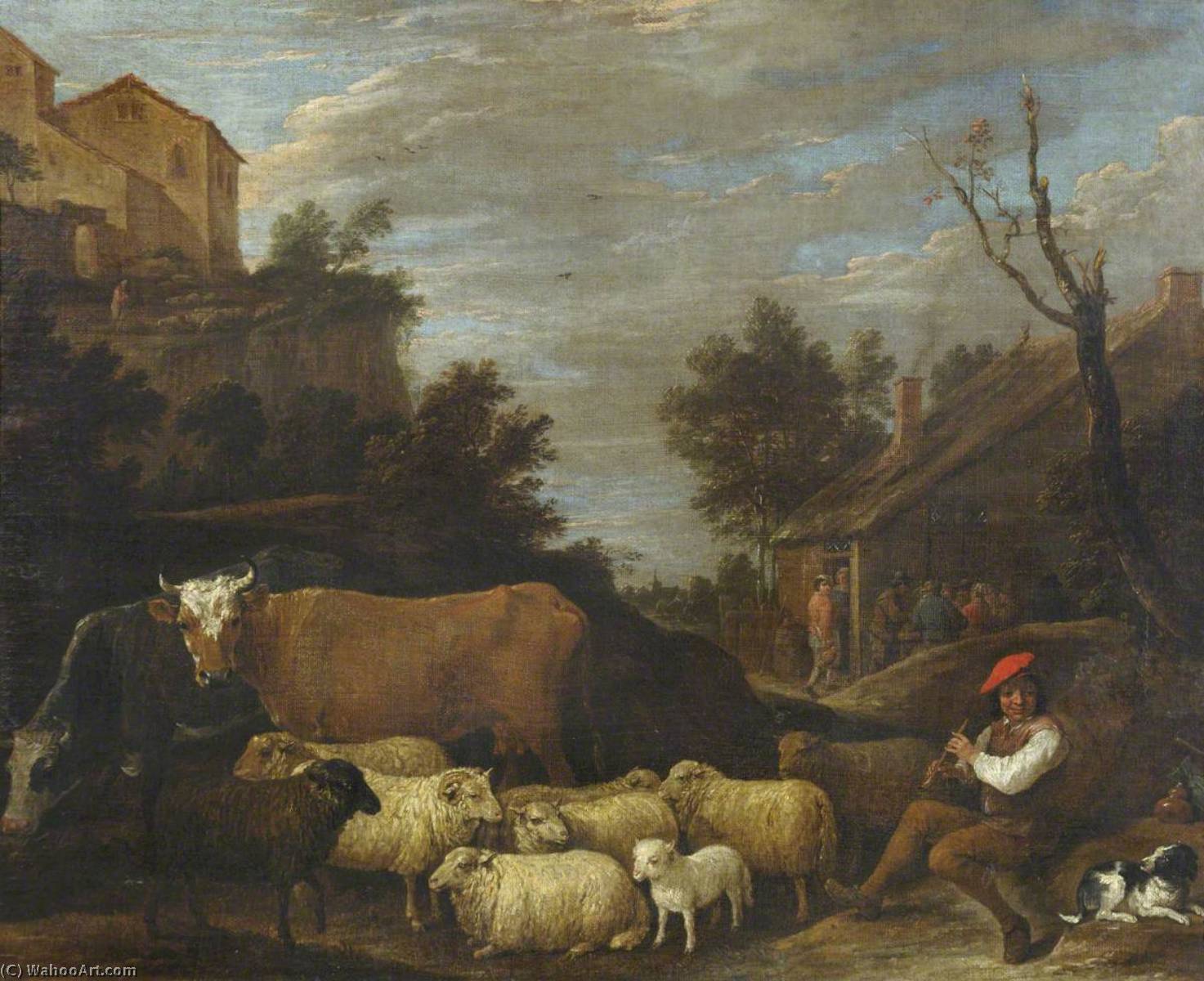 Wikioo.org - The Encyclopedia of Fine Arts - Painting, Artwork by David The Younger Teniers - Landscape with Cattle and Sheep