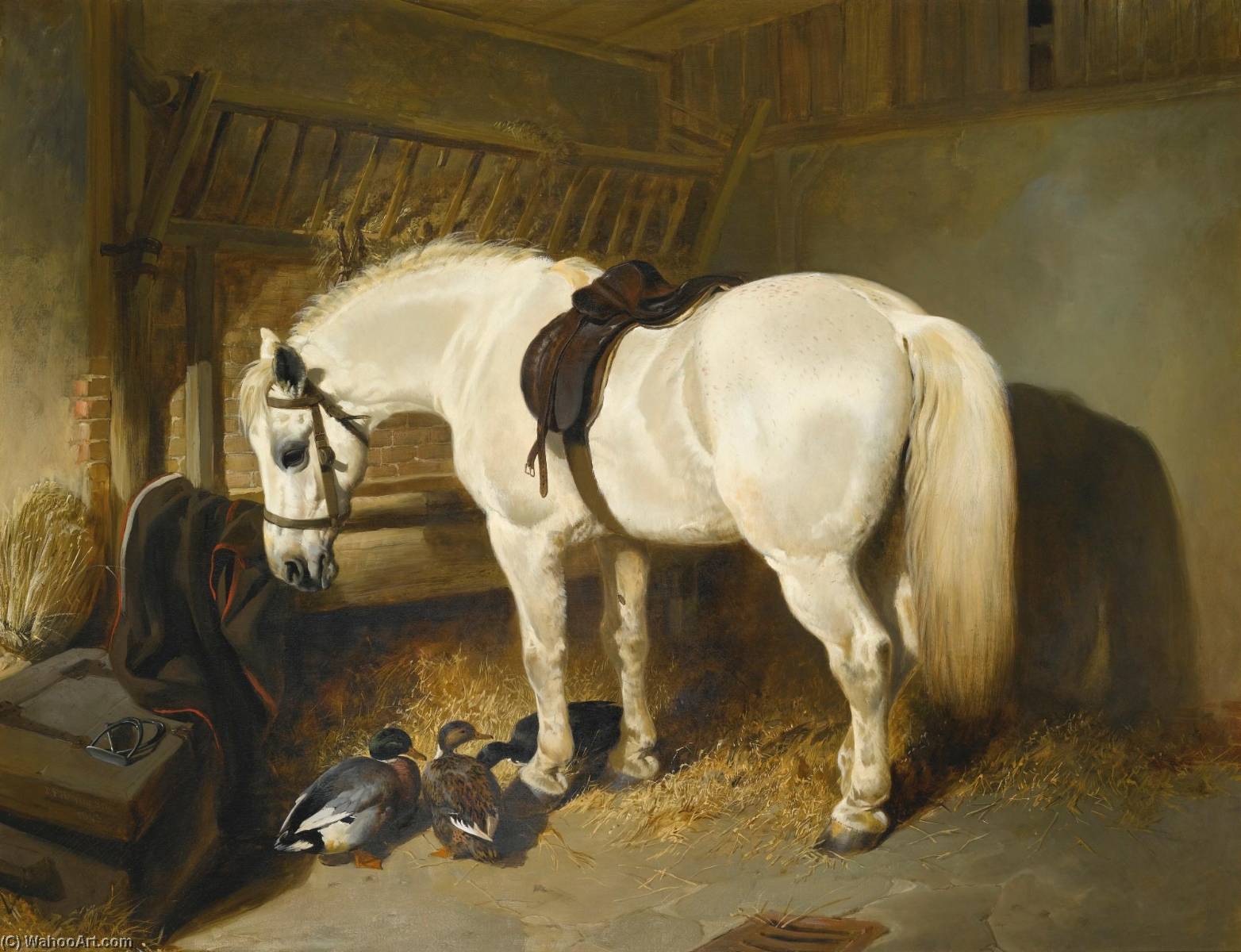 Wikioo.org - The Encyclopedia of Fine Arts - Painting, Artwork by John Frederick Herring Senior - A Grey Pony in a Stable with Ducks