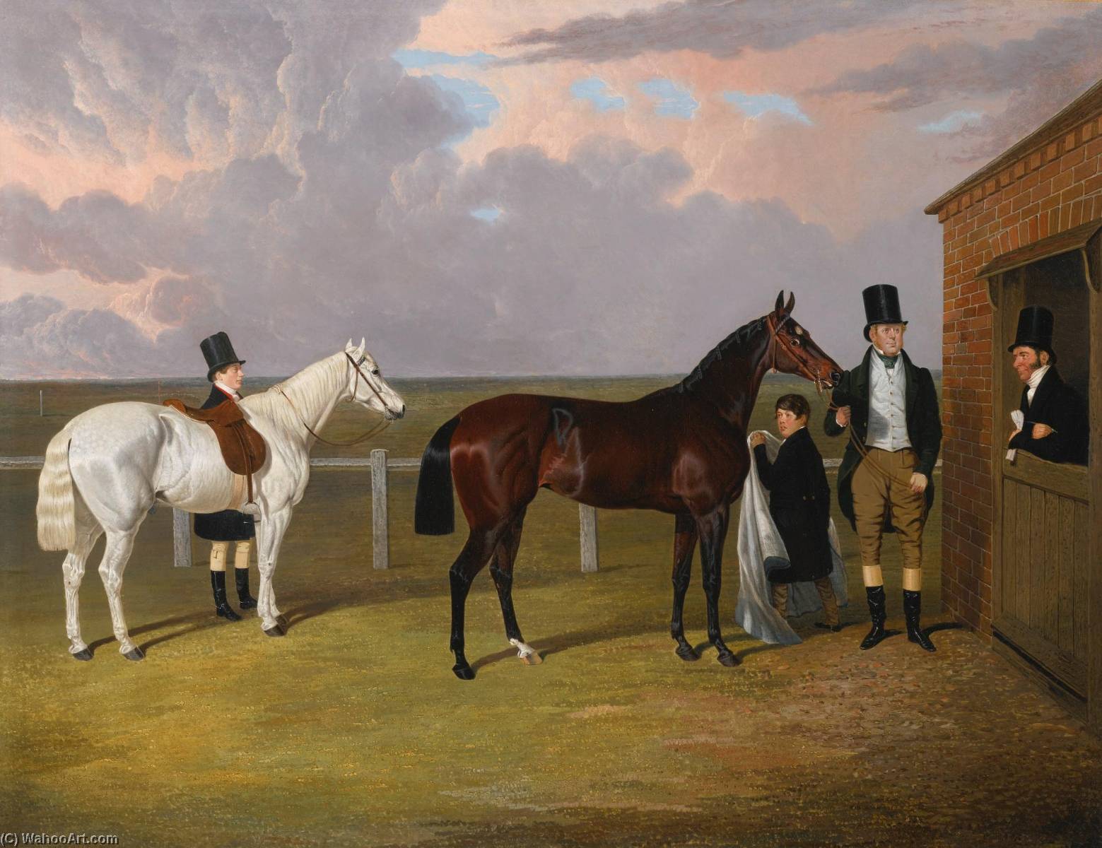 Wikioo.org - The Encyclopedia of Fine Arts - Painting, Artwork by John Frederick Herring Senior - Sir Mark Wood with his dark brown filly Vespa, winner of the Oaks in 1833, her trainer H Scott and a groom with a grey hack